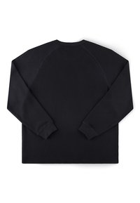 Sweatshirt noir à manches longues avec poignets côtelés, col rond et manches raglan, posé à plat montrant le dos.