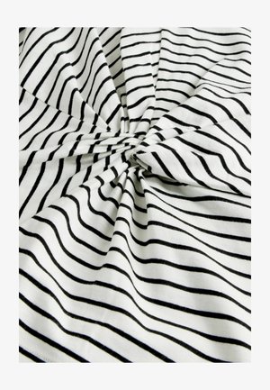 Baumwollstoff mit einem wirbelnden Muster, das horizontale schwarze Streifen auf einem weißen Hintergrund zeigt. Weiche Textur mit einem leichten Glanz.