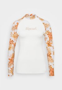 Dugi rukav rash guard, bijele boje s narančastim cvjetnim uzorkom na rukavima, ima zaobljeni dekolte i "Ripcurl" logotip u bež boji na prednjoj strani.