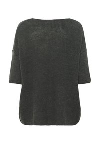 Pulover tricotat gri închis cu mâneci scurte, decolteu rotund și croială lejeră. Textură ribbed notabilă și slituri laterale la tiv.