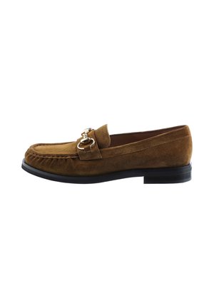 Men’s brown suede loafer with black sole and metal horsebit detail across the upper.