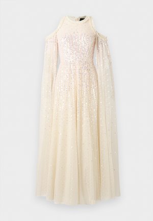 Cremefarbenes bodenlanges Kleid mit langen, durchscheinenden Ärmeln mit Cut-Outs an den Schultern, verziert mit schimmernden Pailletten und einem hohen Ausschnitt.