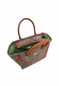 Borsa a mano in tessuto multicolore con motivo paisley, manici in pelle marrone e interno verde; chiusura con zip e dettaglio del logo all'interno.