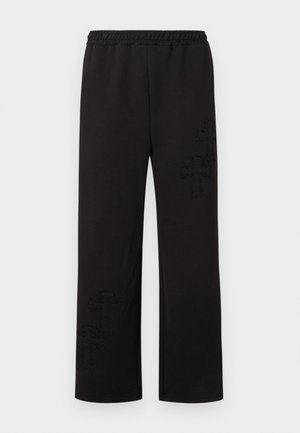 Zwarte joggingbroek gemaakt van zachte stof, met een elastische tailleband en subtiele kruispatronen op de onderste benen. Rechte pijp.