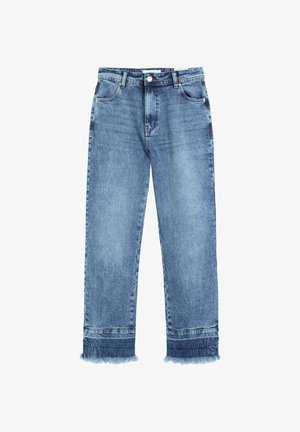 Pantalones vaqueros azules de mezclilla con cintura alta, piernas rectas, bolsillos frontales, cierre de botones y dobladillos deshilachados en los puños.