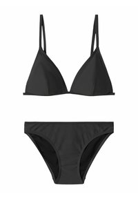 Czarny zestaw bikini z trójkątnym biustonoszem, wyposażony w cienkie ramiączka oraz klasyczne majtki. Wykonany z gładkiego materiału z minimalnymi detalami szwów.