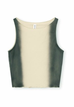 Crni i kremasti rebrasti kratki top s efektom gradient boje. Ima okrugli izrez i sirovi rub na dnu. Mekani pamučni materijal.