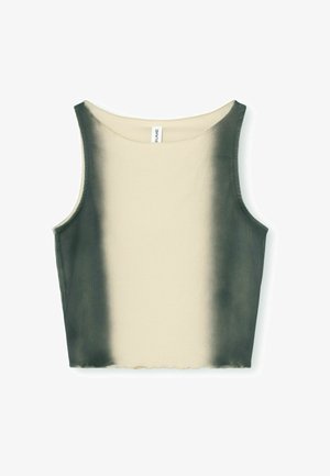 Musta ja kerma värinen ribbikuvioinen crop-top, jossa on gradienttiväri. Varustettu avaralla kaula-aukolla ja raidoilla alareunassa. Pehmeää puuvillamateriaalia.