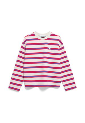 Langsleeve shirt met horizontale strepen in rood, roze en blauw op een witte achtergrond. Inclusief een kleine witte strikdetail op de borst.