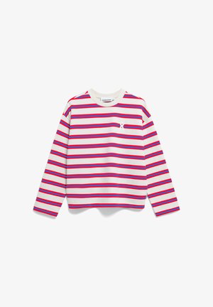 Langarm-Shirt mit horizontalen Streifen in Rot, Rosa und Blau auf weißem Hintergrund. Enthält ein kleines weißes Banddetail auf der Brust.