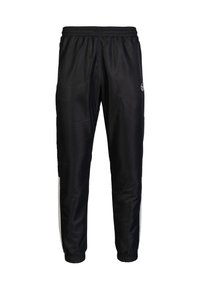 Schwarze Sporthose aus glattem, leichtem Material; verfügt über einen elastischen Bund, schmal zulaufendes Bein und weiße seitliche Streifen.