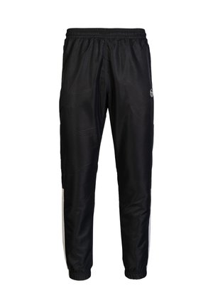 Black athletic pants made of smooth, lightweight material; features an elastic waistband, tapered leg, and white side stripes.