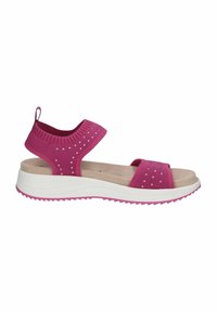 Růžové sandály s pleteným svrškem a akcenty z rhinestones, s polstrovanou stélkou a bílou gumovou podešví s růžovými detaily a texturovaným gripem.