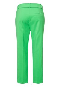 Groene broek met een rechte snit, gemaakt van een gladde stof, met een tailleband en een achterzak, ontworpen zonder zichtbare sluitingen.