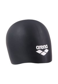 Czepa pływacka z czarnego silikonu o gładkiej fakturze, zaokrąglonym kształcie oraz białym logo z nazwą marki "arena" i geometrycznym symbolem.
