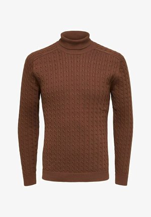 Brown cable-knit turtleneck sweater with long sleeves and ribbed cuffs and hem, displayed on a plain white background.
