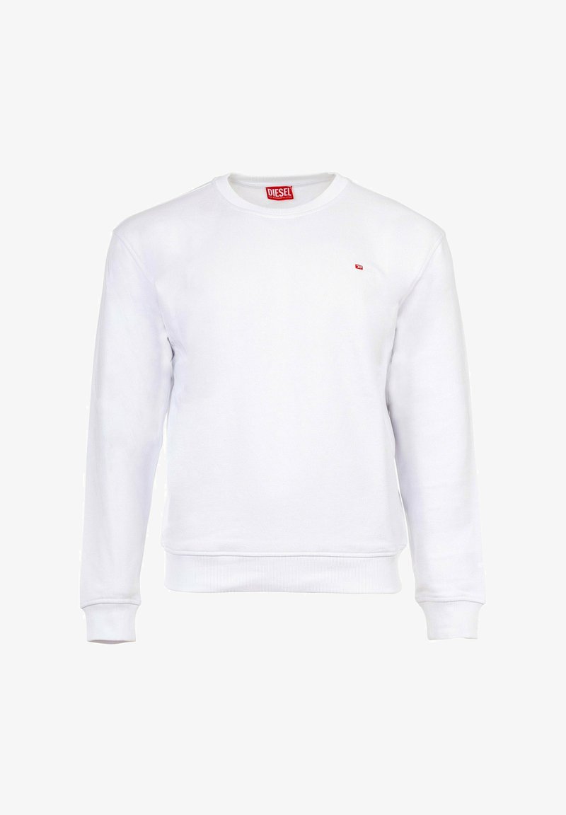 Felpa bianca a maniche lunghe con collo rotondo, polsini e orlo a coste, piccolo logo Diesel rosso sul petto a sinistra e etichetta interna sul colletto.
