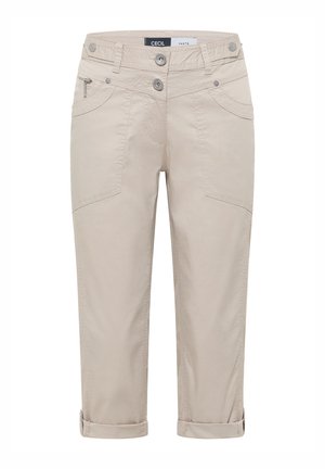 Beige cropped broek met dubbele knoop- en ritssluiting, zijzakken inclusief een met rits, en omslagzomen.
