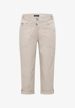 Beige cropped broek met dubbele knoop- en ritssluiting, zijzakken inclusief een met rits, en omslagzomen.