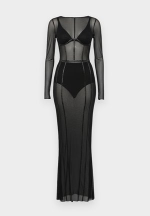 Czarna siateczkowa sukienka z długimi rękawami i dopasowanym topem. Posiada przezroczyste panele i koralikowe akcenty wzdłuż szwów, długość do podłogi.