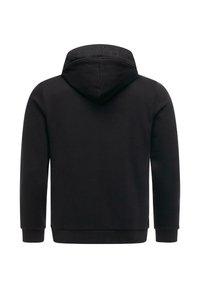 Sort hætte sweatshirt lavet af blødt stof, med et enkelt design, ribbede manchetter og et prægede logo på bagsiden af nakken.