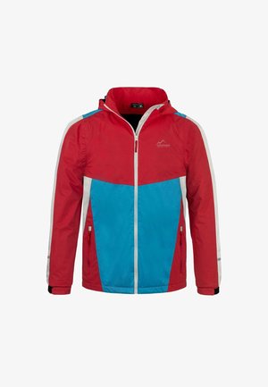 Veste imperméable rouge et bleue avec fermeture éclair à l'avant, capuche ajustable, poches latérales, accents blancs et texture lisse.