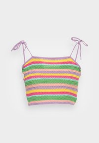 Top de crochê com riscas horizontais em rosa, verde, amarelo e lavanda. Alças ajustáveis com laço e material de crochê texturizado.