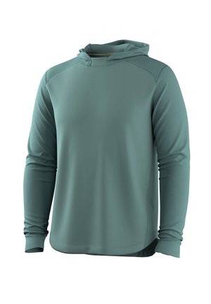 Felpa con cappuccio a maniche lunghe color teal con tessuto strutturato sulle maniche e sulle spalle, tessuto liscio sul corpo e orlo arrotondato.