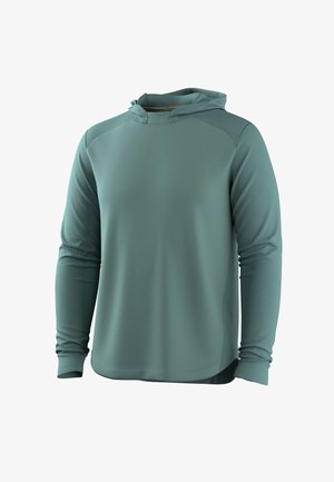 Felpa con cappuccio a maniche lunghe color teal con tessuto strutturato sulle maniche e sulle spalle, tessuto liscio sul corpo e orlo arrotondato.