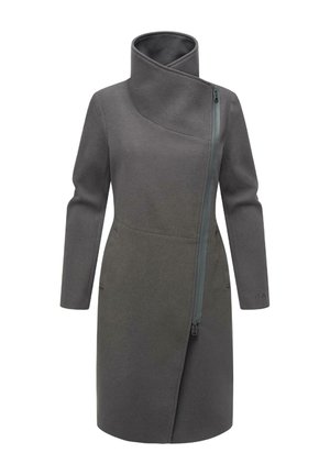 Palton din amestec de lână gri cu un guler asimetric, închidere cu fermoar în unghi și mâneci lungi. Are buzunare laterale și un design minimalistic.