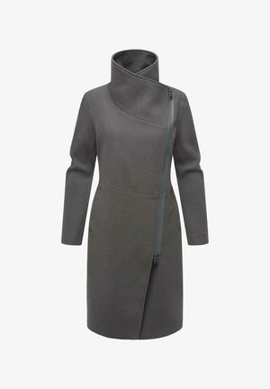 Sivý vlnenný kabát s asymetrickým golierom, šikmým zapínaním na zips a dlhými rukávmi. Má bočné vrecká a minimalistický dizajn.