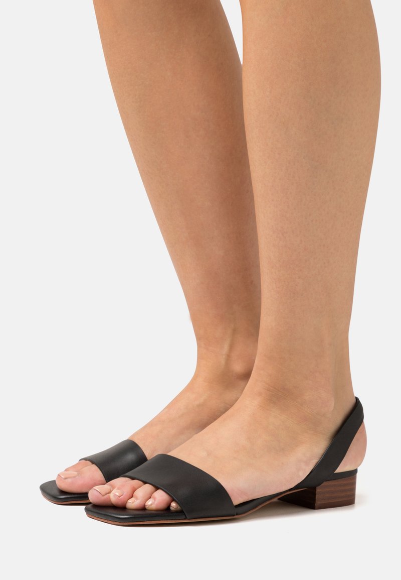 Sandali in pelle nera con tacco basso impilato, punta aperta e cinturini larghi. Il design presenta una forma minimalista e elegante.