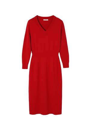 Red knitted dress with a V-neck, long sleeves, fitted waist, and knee-length cut. Smooth texture with ribbed accents at the neckline.