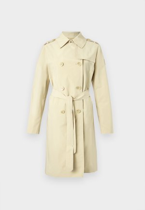 Beiger Trenchcoat aus wasserabweisendem Stoff. Verfügt über doppelreihige Knöpfe, einen Gürtel und einen klassischen Kragen. Glatte Textur.