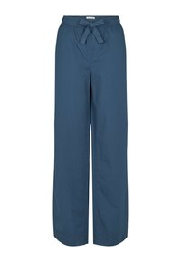 Hlače širokih nogavica tamnoplave boje, izrađene od laganog materijala. Imaju elastični pojas s detaljem s vezicom, što pruža ležeran kroj.