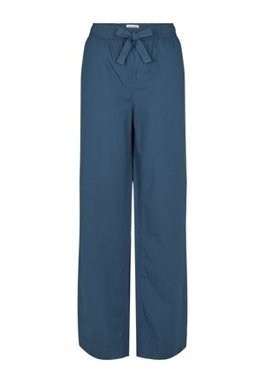 Sötétkék színű, bőszárú nadrág, könnyű anyagból készült. Rugalmas derékpánttal és megkötővel rendelkezik, laza szabást biztosítva.