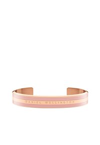 Rožu zelta aproce ar gludu apdari, rozā un zelta svītrām un iegravētu "DANIEL WELLINGTON" uz joslas.