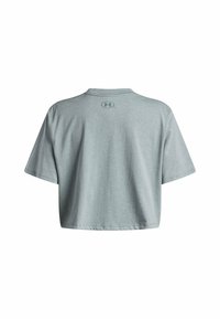 Lichtgrijs, cropped t-shirt van zachte stof, met een ronde halslijn en korte mouwen. Klein logo op de achterkant gedrukt.