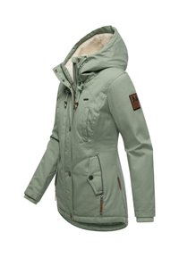 Light green insulated jacket with a fur-lined hood, zippered and snap pockets, and a logo patch on the sleeve. Smooth texture and fitted design.
