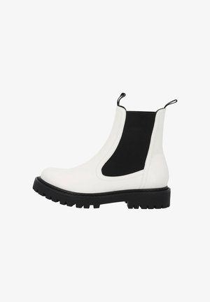 Stivale Chelsea in pelle bianca con pannello laterale elastico nero, suola spessa nera e linguette per tirare sul colletto alla caviglia.