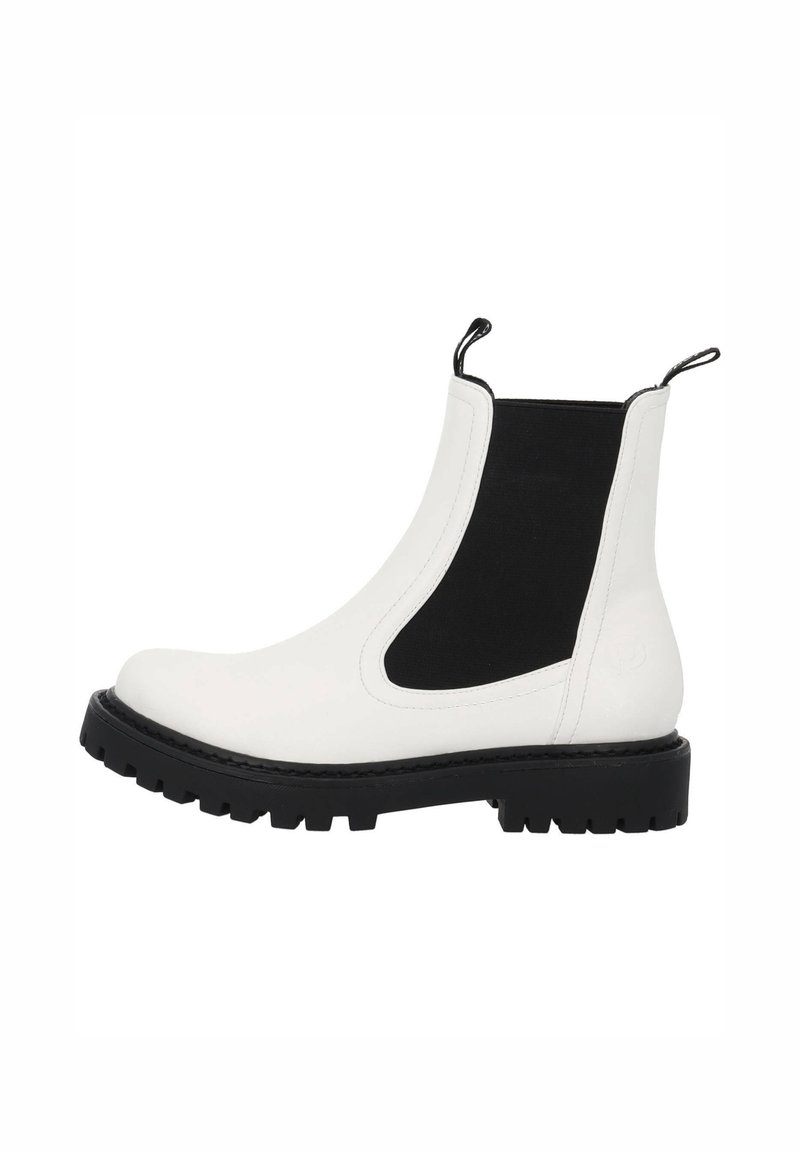 Botte Chelsea en cuir blanc avec panneau latéral élastique noir, semelle épaisse noire et languettes de tirage au niveau du col de la cheville.