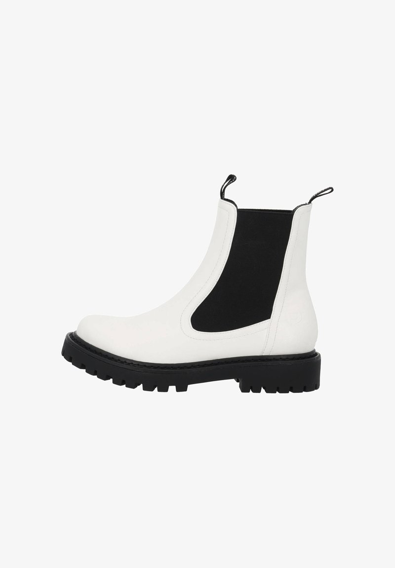 Botte Chelsea en cuir blanc avec panneau latéral élastique noir, semelle épaisse noire et languettes de tirage au niveau du col de la cheville.