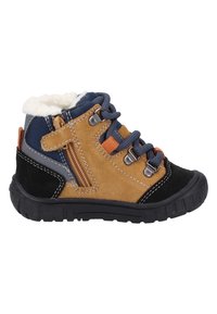 Bruine en zwarte suède enkellaarsjes met blauwe textielaccenten, een zijrits en een zachte bontvoering. Rubberen zool en contrasterende veters.