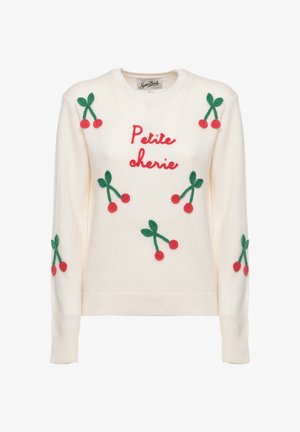 Maglione crema con ciliegie ricamate in rosso e la scritta "Petite cherie" in rosso sul davanti.