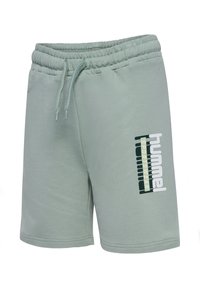 Ljusgröna shorts av mjukt tyg, med elastisk midja med dragsko och en tryckt logotyp på vänster lår.