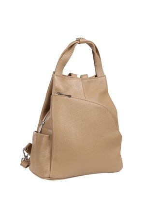 Beige leather handbag with top handle, front zipper pocket, and a structured rectangular shape against a white background.