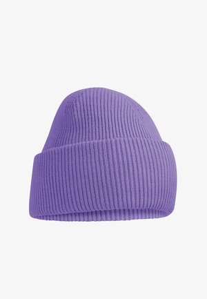 Ribbed knit purple beanie hat with folded cuff, designed for warmth and casual wear.