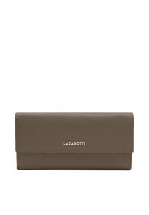 Cartera de cuero marrón texturizada con solapa abatible y logotipo dorado de LAZAROTTI centrado en el frente.