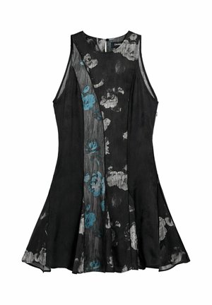 Fekete virágos ruha kék és szürke virágmintákkal, ujjatlan kivitel, bővülő szegély és enyhén fényes anyag.