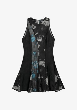 Vestido negro con estampado floral en azul y gris, diseño sin mangas, bajo acampanado y tela con ligero brillo.